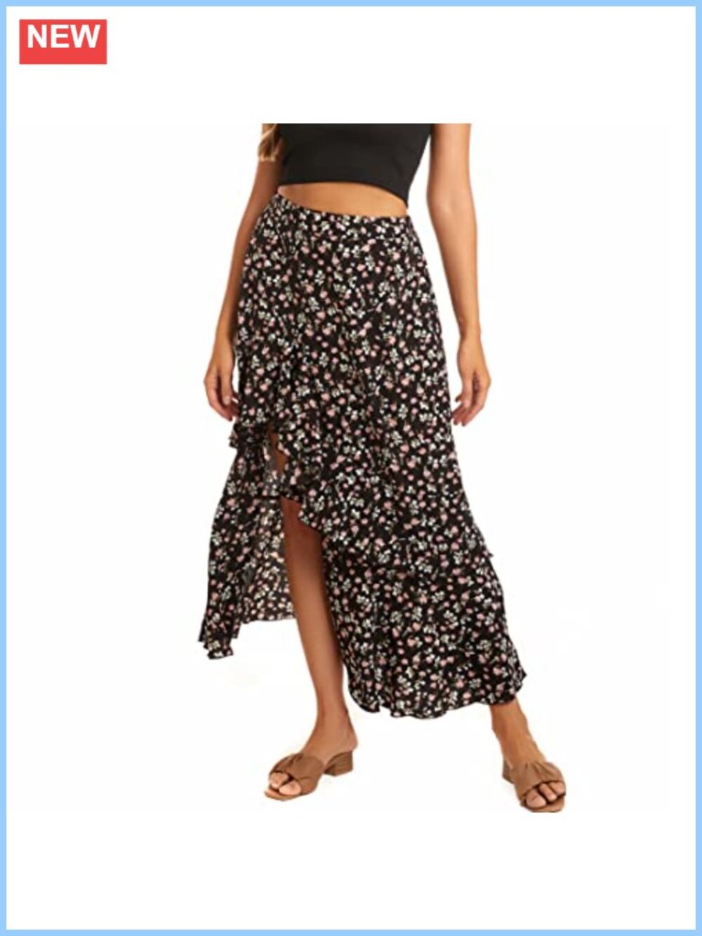 Boho Floral Maxi Skirt High Low Ruffle Hem Side Split Elastic Waist